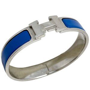 Hermes Click Enamel Bracelet Clic Clac Bangle Metal Silver Blue